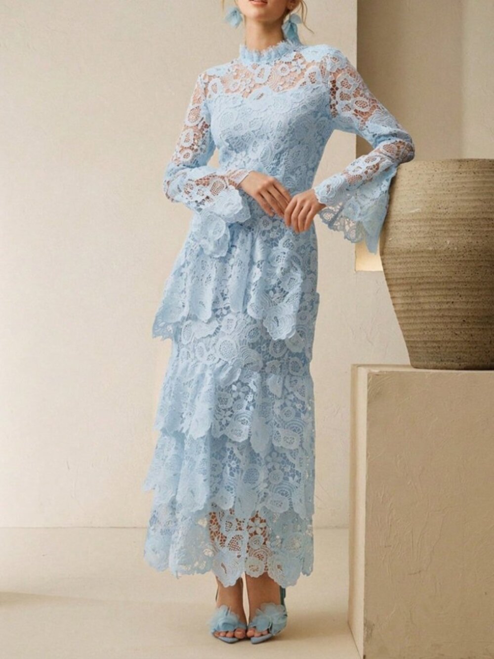 Sky Blue Crochet Lace Tiered Ruffle Bell Sleeve Maxi Dress